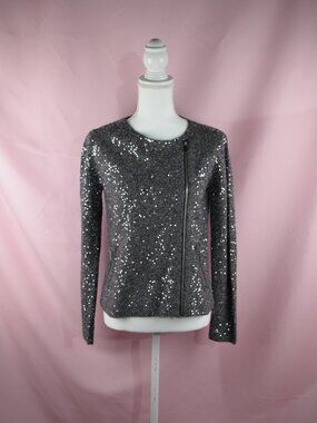 Chico's Platinum and Blue Sequin Cardigan Moto Jacket Gray Blue | Size S